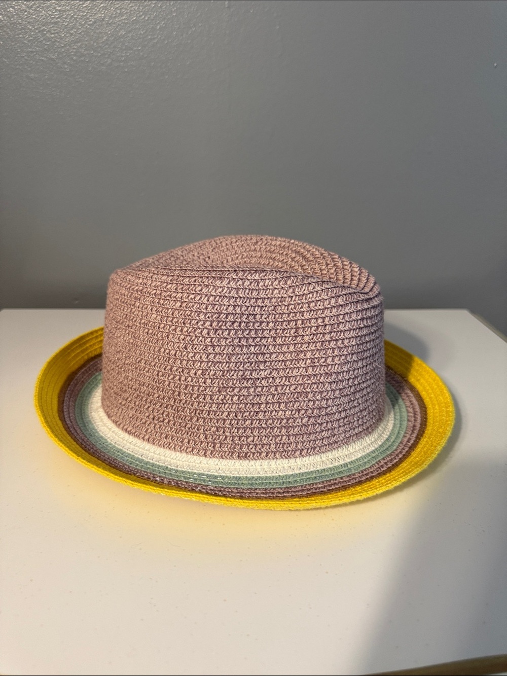 Crocheted Pink Bucket Hat with Yellow Brim